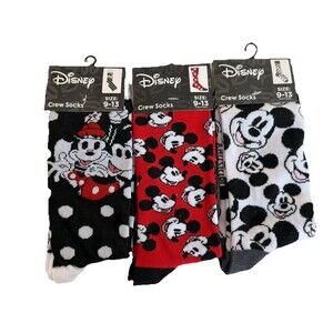 Lot Of 3 Disney Crew Socks Size 9-13 Mickey Minnie Mouse Black White Red NEW